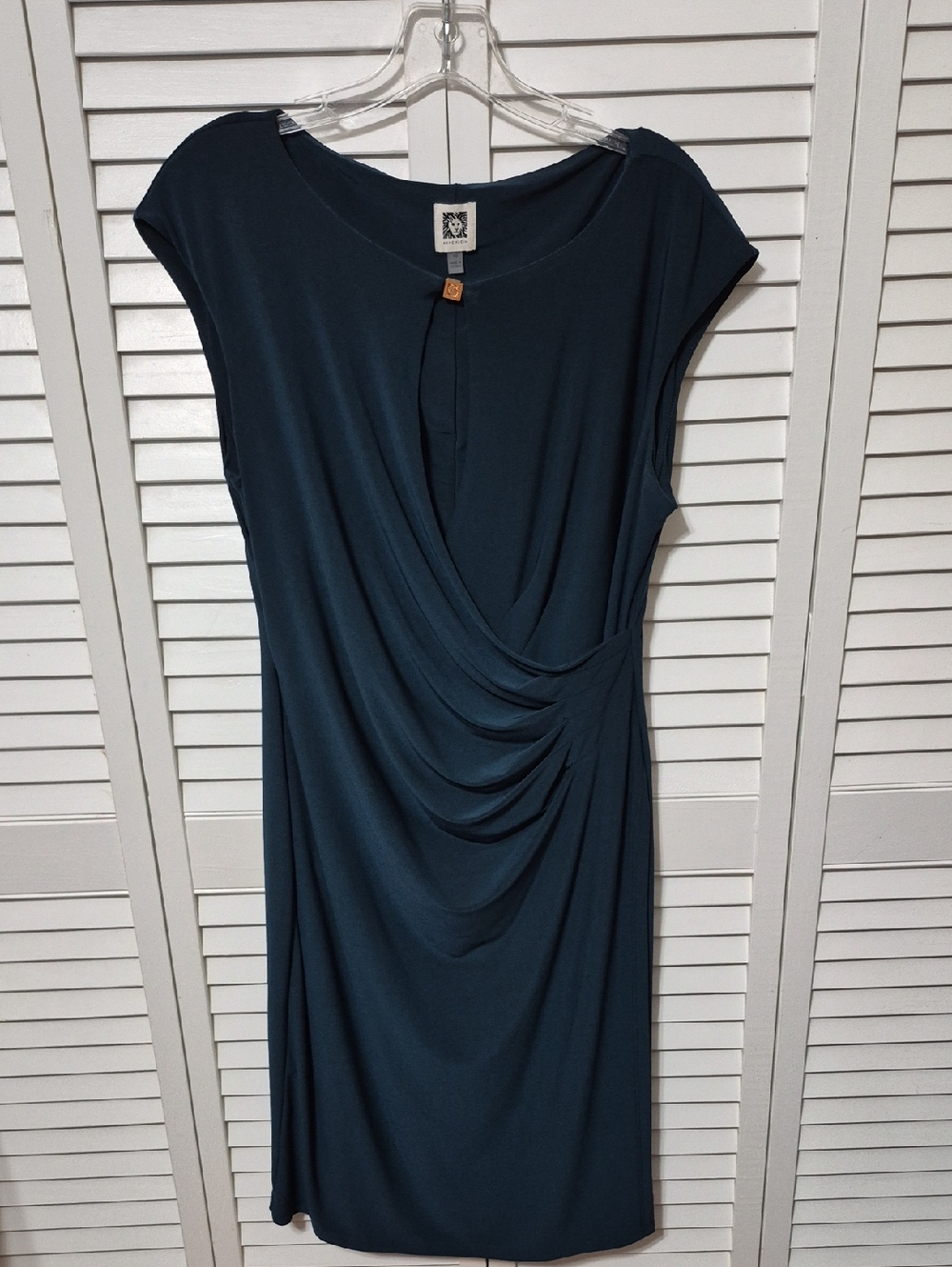 Anne Klein Deep Teal Draped Cap-Sleeve Midi Dress